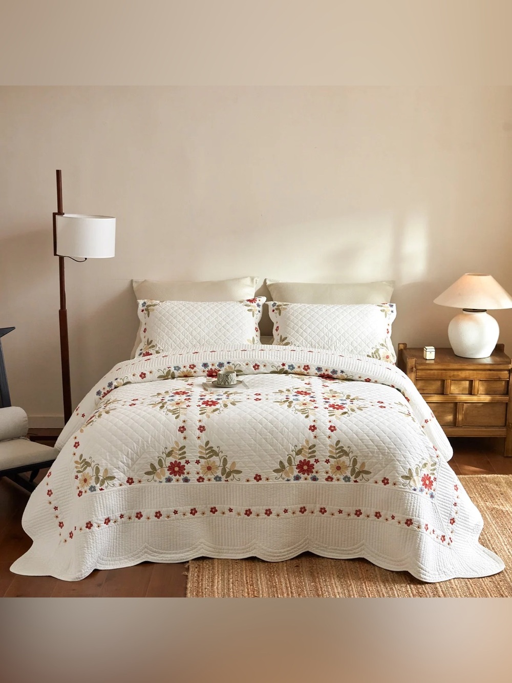 3 piece 100% cotton embroidered cottage floral Queen quilt set